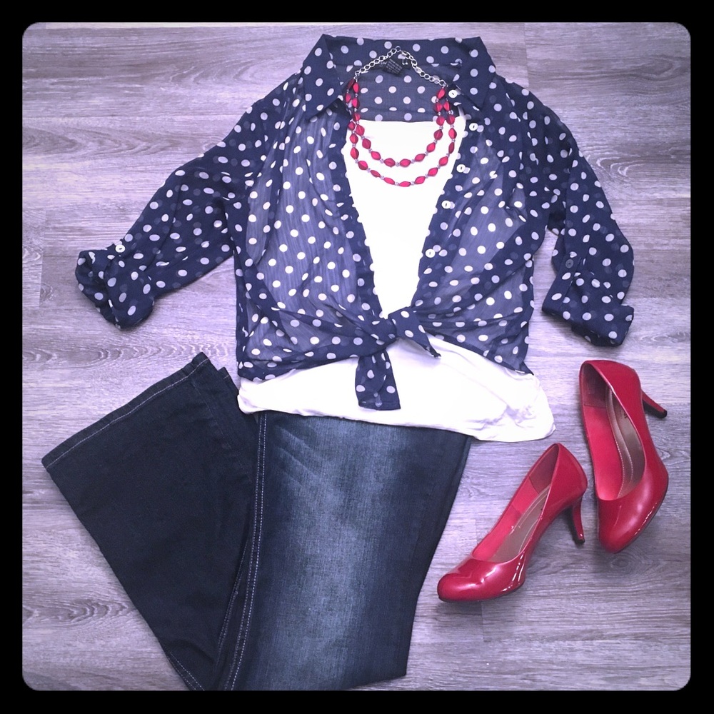 Sheer navy button down with white polka dots